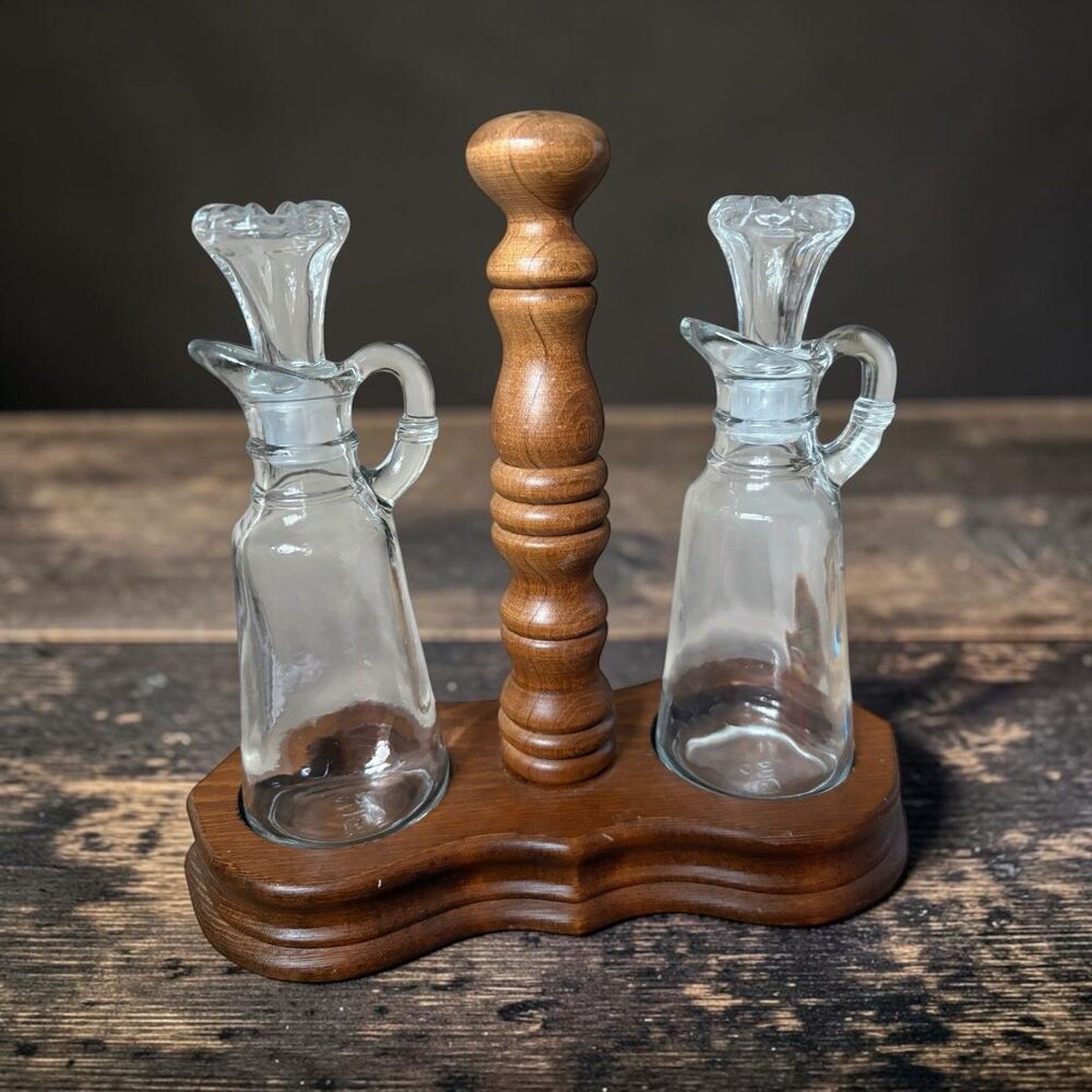 Anchor Hocking Vinegar And Oil Cruets With Wood Holder Vintage Colonial Style